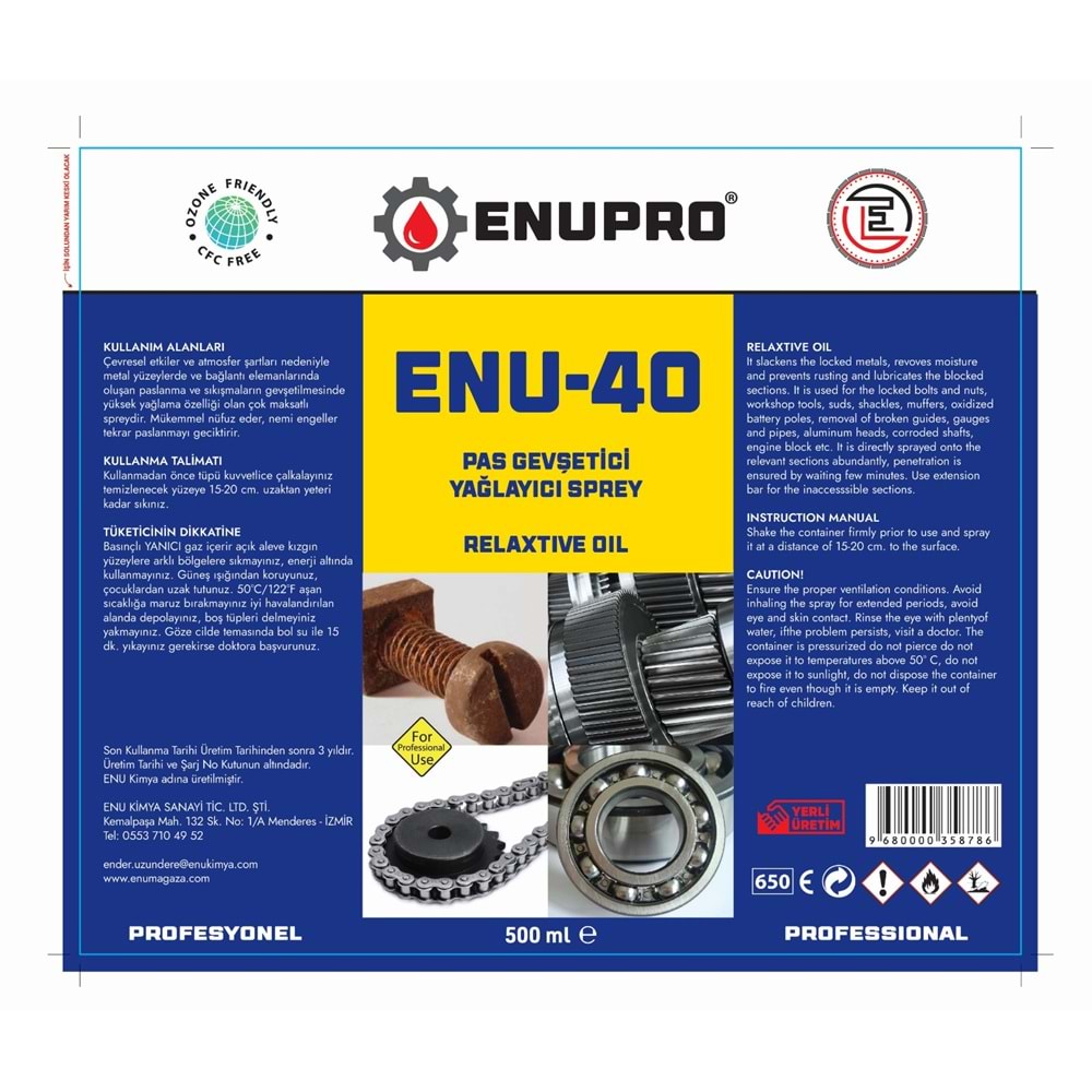 ENUPRO ENU 40 Pas Gevşetici Yağlayıcı Sprey 500 ml 24 Adet